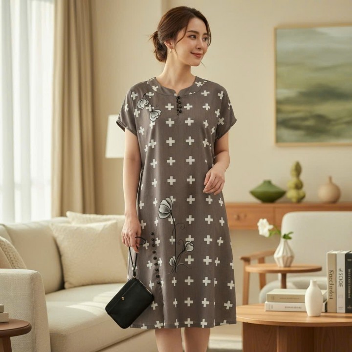 Đầm cotton in chữ thập trắng thêu hoa tulip